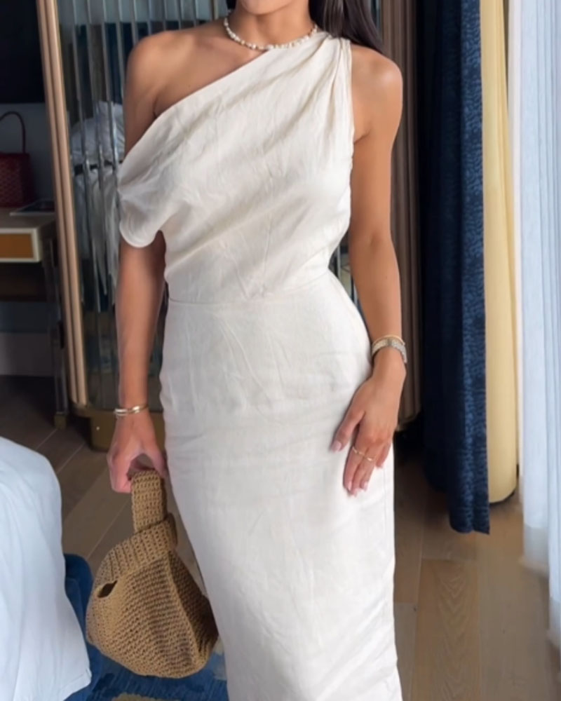 Linen dress with slanted shoulders
