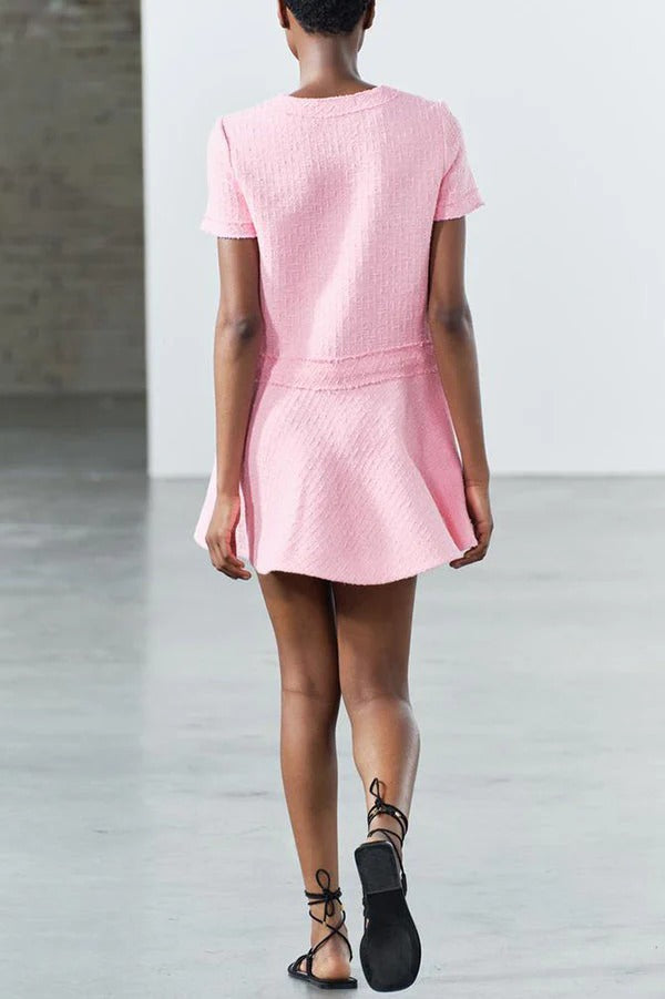 Valenzora | 1960s London Girl Tweed Textured Short-Sleeved Dress with Gold Buttons and Pockets