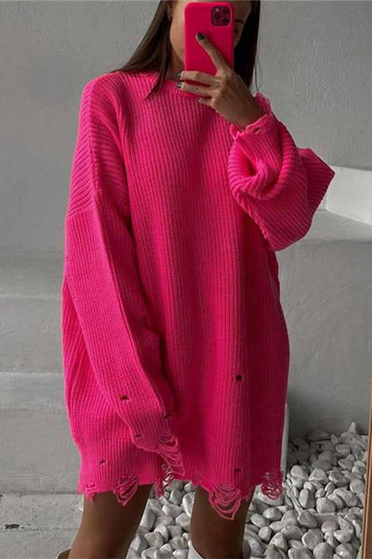 Valenzora Ripped O Neck Oversized Sweater Dress