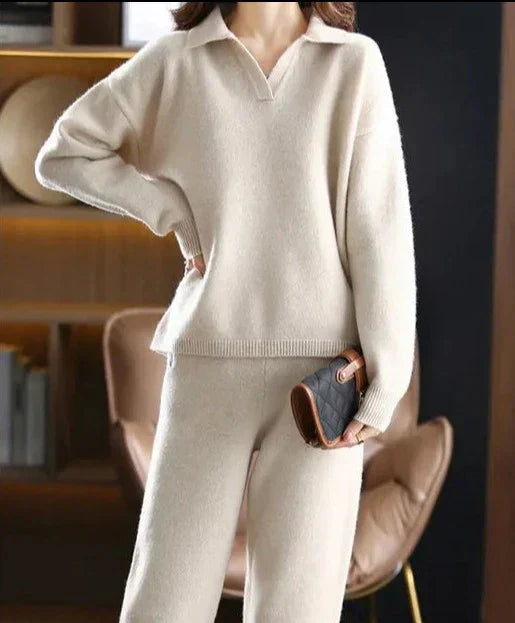 Valenzora - 2-piece set ladies oversized tracksuit polo collar sweater and trousers