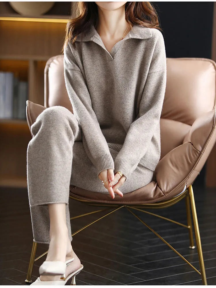 Valenzora - 2-piece set ladies oversized tracksuit polo collar sweater and trousers