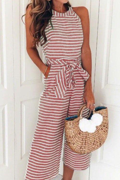 Valenzora | Rosiedress Ärmelloser Jumpsuit mit Rundhalsausschnitt, gestreifter Schleife und geflochtenem Weitbein