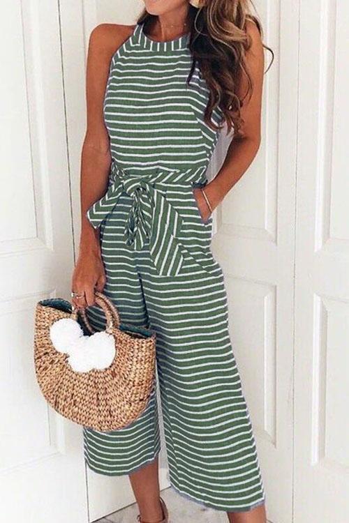 Valenzora | Rosiedress Ärmelloser Jumpsuit mit Rundhalsausschnitt, gestreifter Schleife und geflochtenem Weitbein
