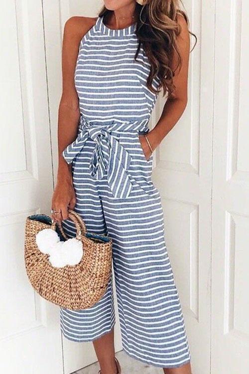 Valenzora | Rosiedress Ärmelloser Jumpsuit mit Rundhalsausschnitt, gestreifter Schleife und geflochtenem Weitbein
