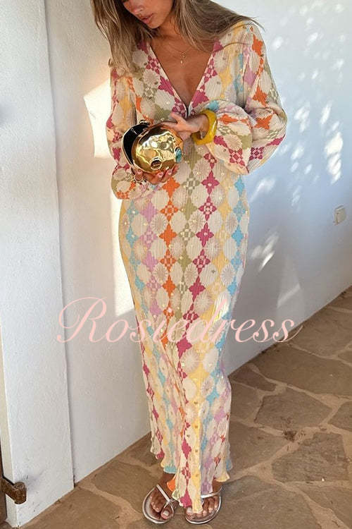 Valenzora | Rosiedress V-neck lantern sleeve geometric print maxi dress