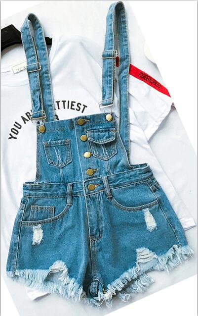 Valenzora | Denim Cotton Strappy Shorts Loose Overall Romper