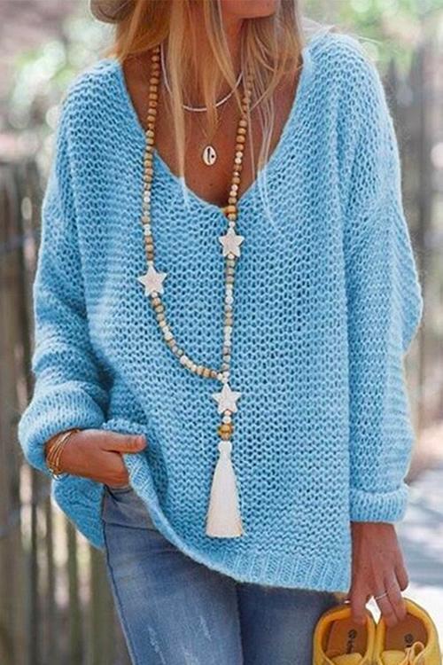 Valenzora | Rosiedress V-Neck Drop-Shoulder Solid Knit Sweater