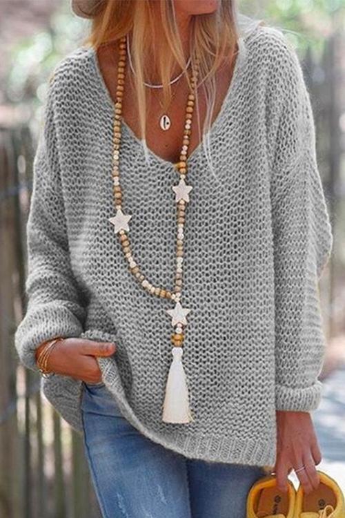 Valenzora | Rosiedress V-Neck Drop-Shoulder Solid Knit Sweater