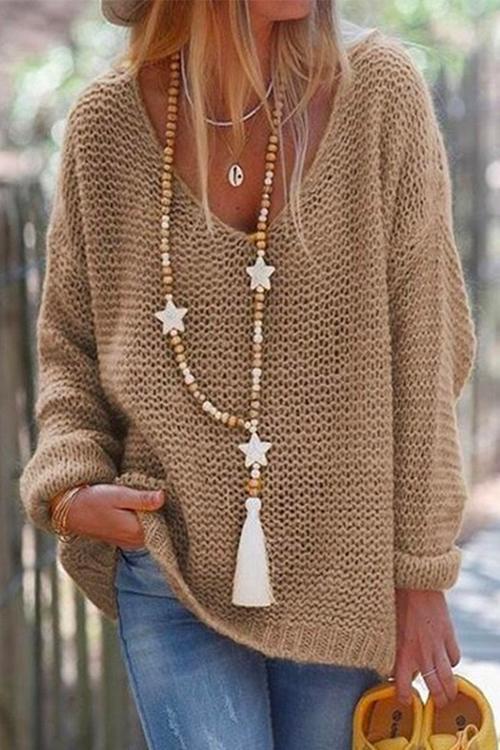 Valenzora | Rosiedress V-Neck Drop-Shoulder Solid Knit Sweater