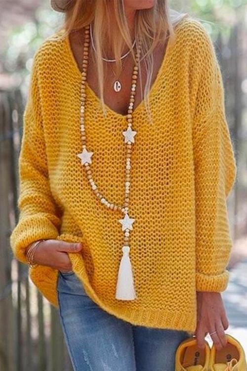 Valenzora | Rosiedress V-Neck Drop-Shoulder Solid Knit Sweater
