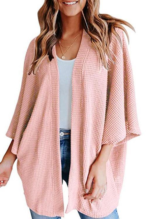 Valenzora | Rosiedress Solid 3/4 Sleeve Open Front Kimono Cardigan