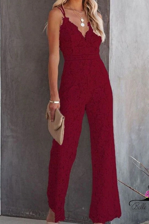 Valenzora | Rosiedress Solid V-Neck Fitted Cami Lace Jumpsuit