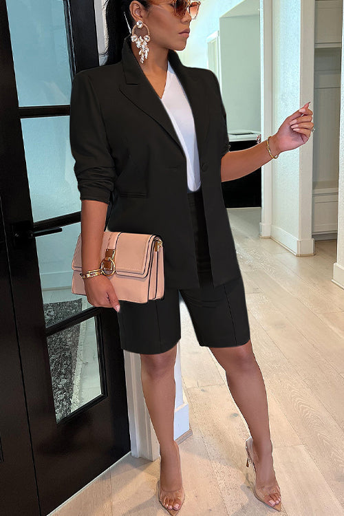 Valenzora | Rosiedress Solid Long Sleeve Blazer and Shorts Office Set