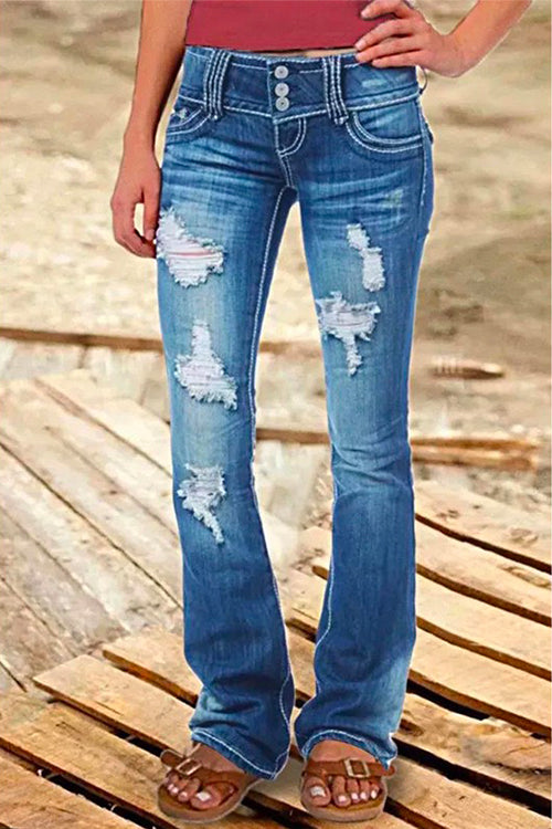 Valenzora | Rosiedress Button Down Distressed Ripped Jeans with Pockets