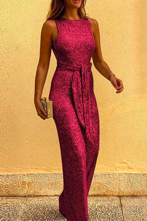 Valenzora | Rosiedress Round Neck Sleeveless Sequin Jumpsuit with Tie Belt