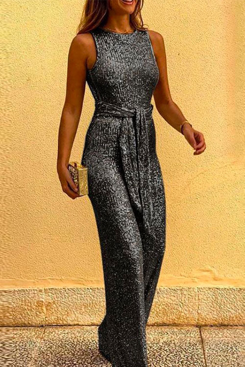 Valenzora | Rosiedress Round Neck Sleeveless Sequin Jumpsuit with Tie Belt