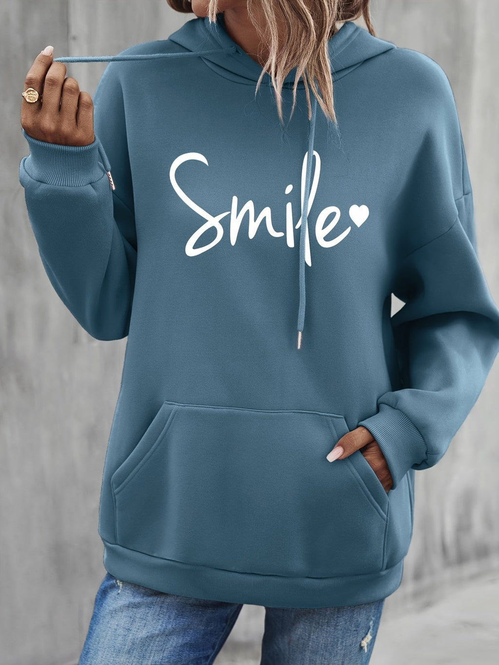 Valenzora | Cozy Smile Print Hoodie with Drawstring for Women