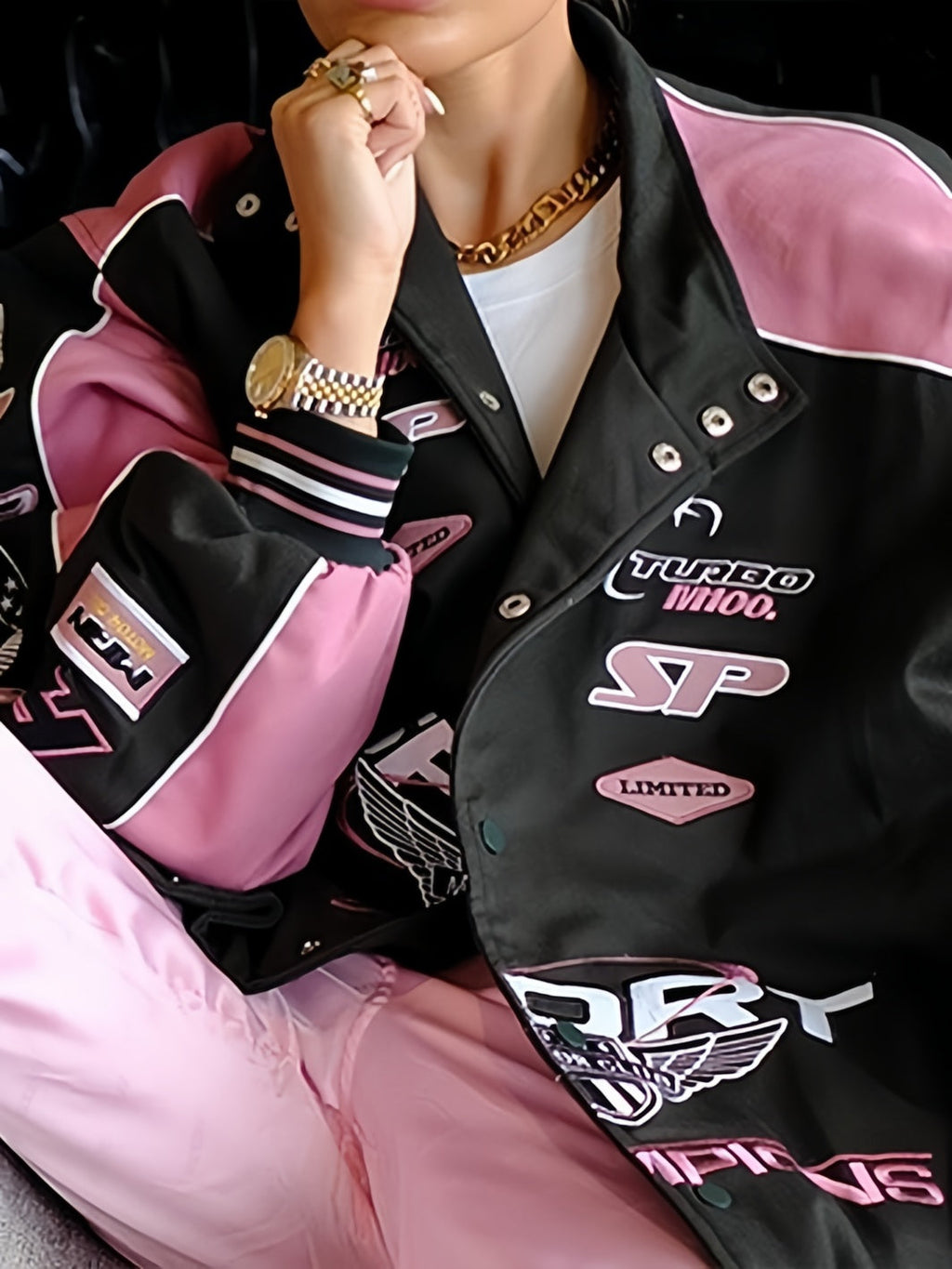 Valenzora | Black Pink Raglan Moto Jacket with Printed Slogan