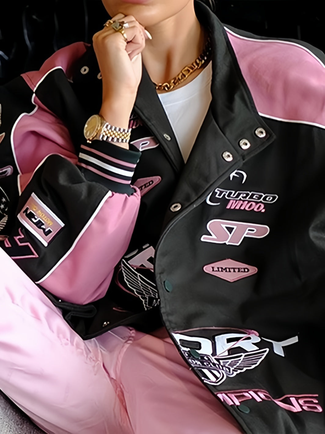 Valenzora | Black Pink Raglan Moto Jacket with Printed Slogan