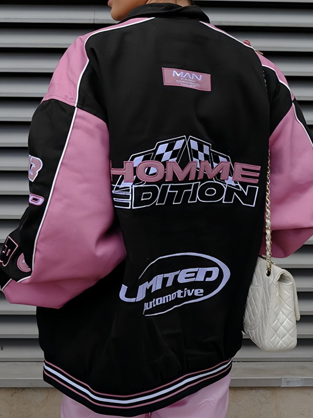 Valenzora | Black Pink Raglan Moto Jacket with Printed Slogan