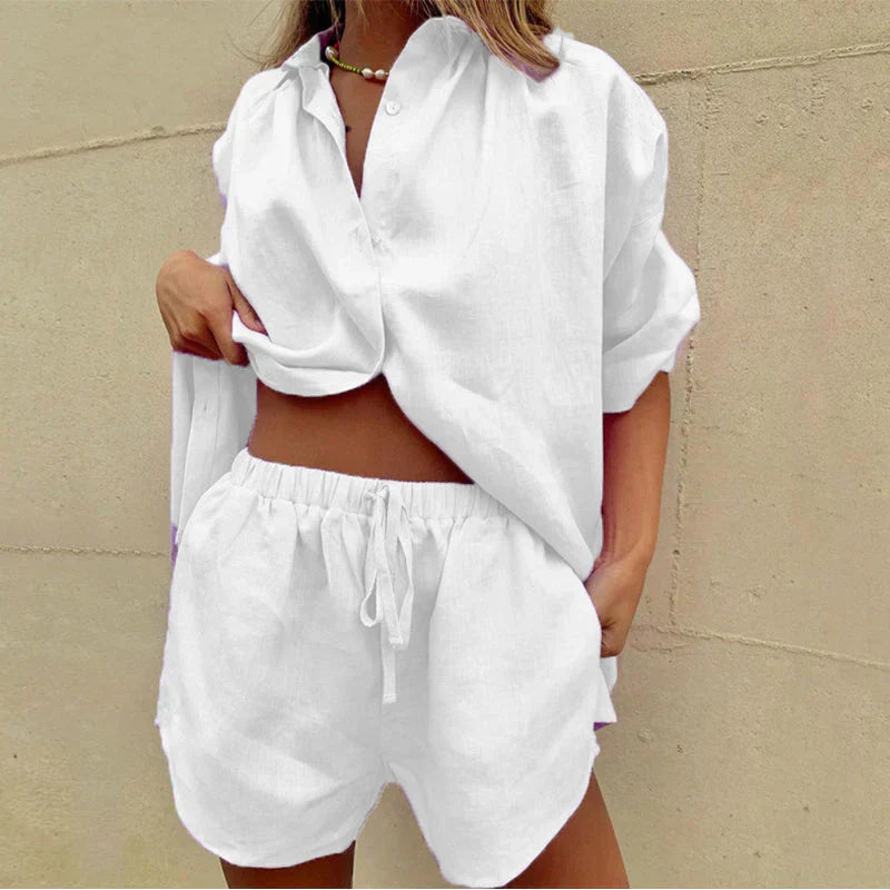 Valenzora | Comfortable women's shirt and shorts set with button placket