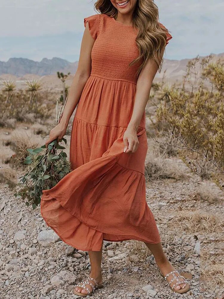 Valenzora | Elegant pleated layered dress with short sleeves