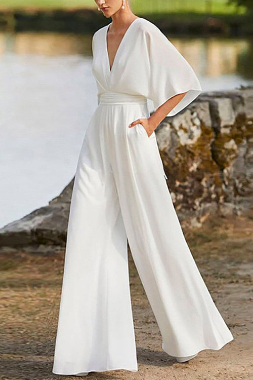 Valenzora | Rosiedress Deep V-Neck High Waist Wide-Leg Jumpsuit