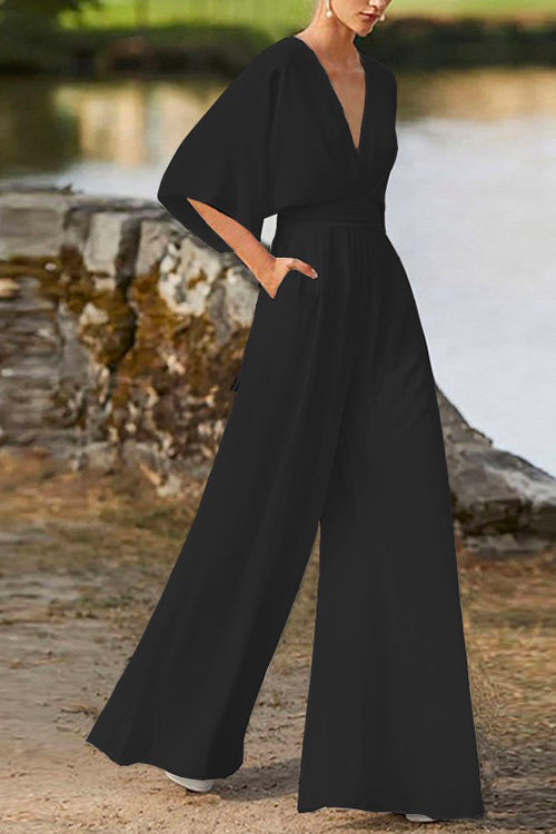 Valenzora | Rosiedress Deep V-Neck High Waist Wide-Leg Jumpsuit