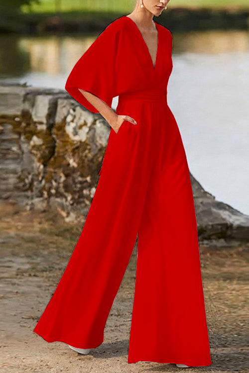 Valenzora | Rosiedress Deep V-Neck High Waist Wide-Leg Jumpsuit