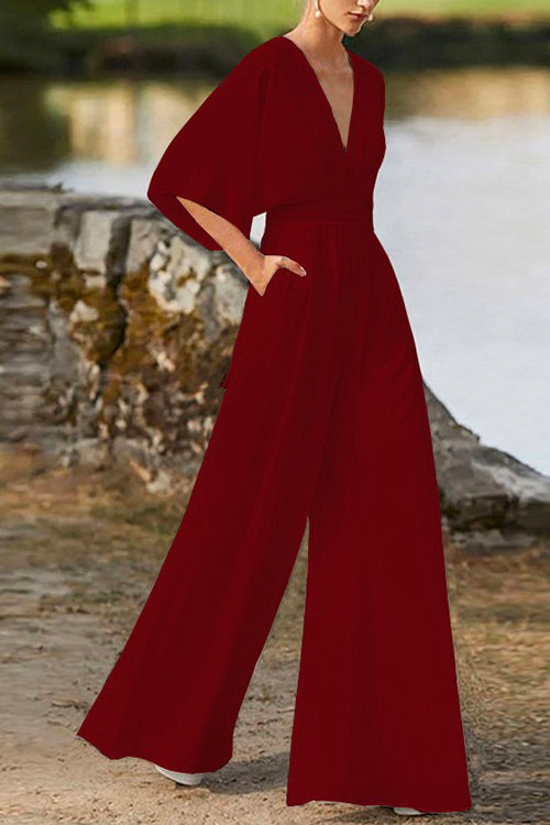 Valenzora | Rosiedress Deep V-Neck High Waist Wide-Leg Jumpsuit
