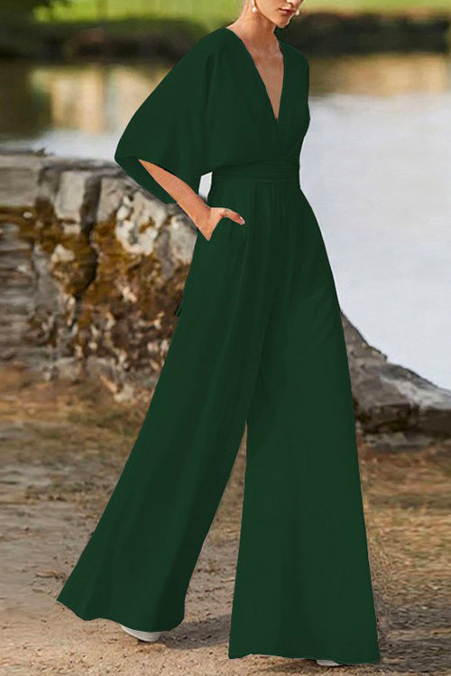 Valenzora | Rosiedress Deep V-Neck High Waist Wide-Leg Jumpsuit