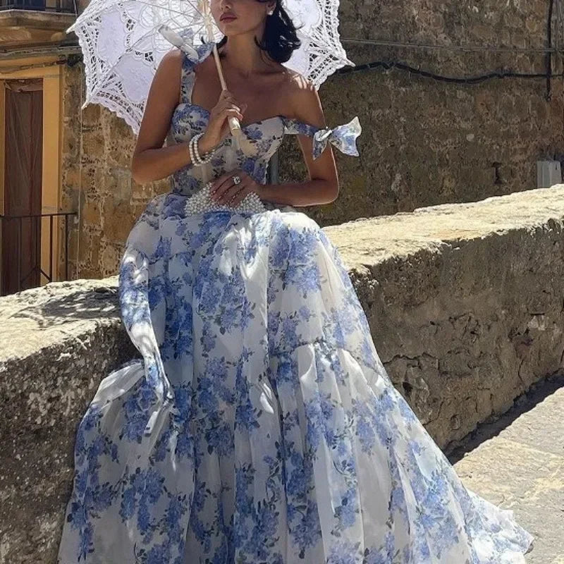 Valenzora | Vintage Blue Floral Print Off-Shoulder Evening Dress