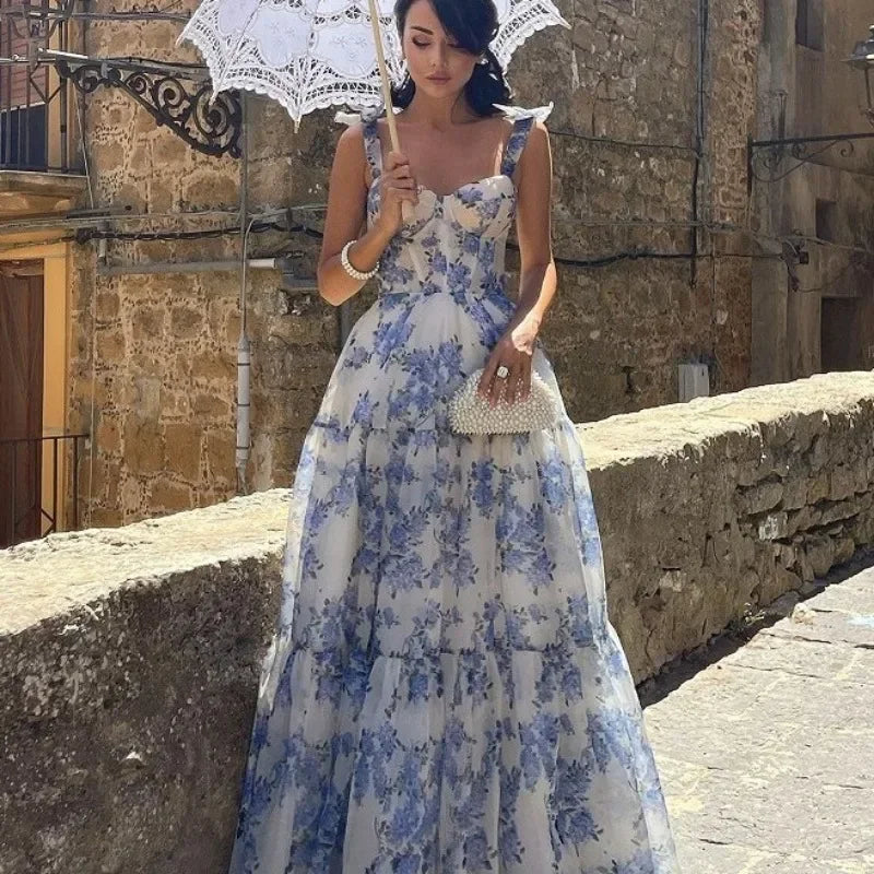 Valenzora | Vintage Blue Floral Print Off-Shoulder Evening Dress