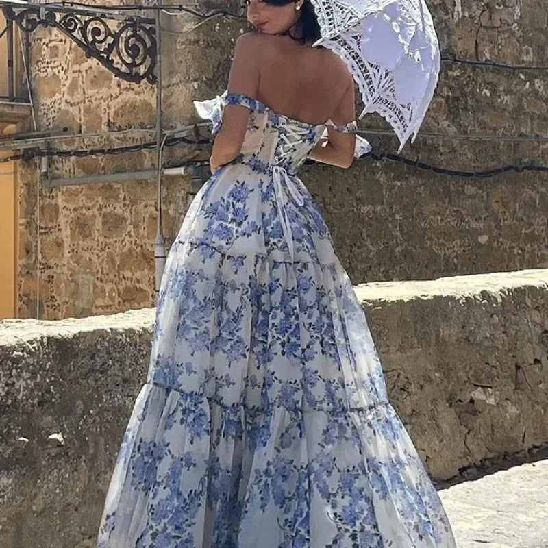 Valenzora | Vintage Blue Floral Print Off-Shoulder Evening Dress