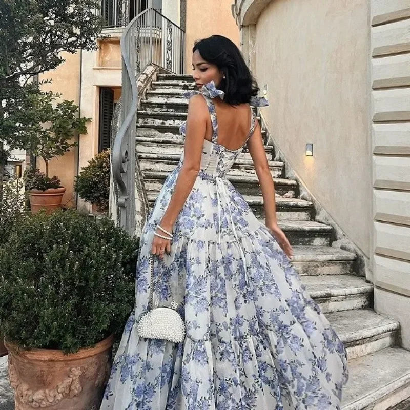 Valenzora | Vintage Blue Floral Print Off-Shoulder Evening Dress