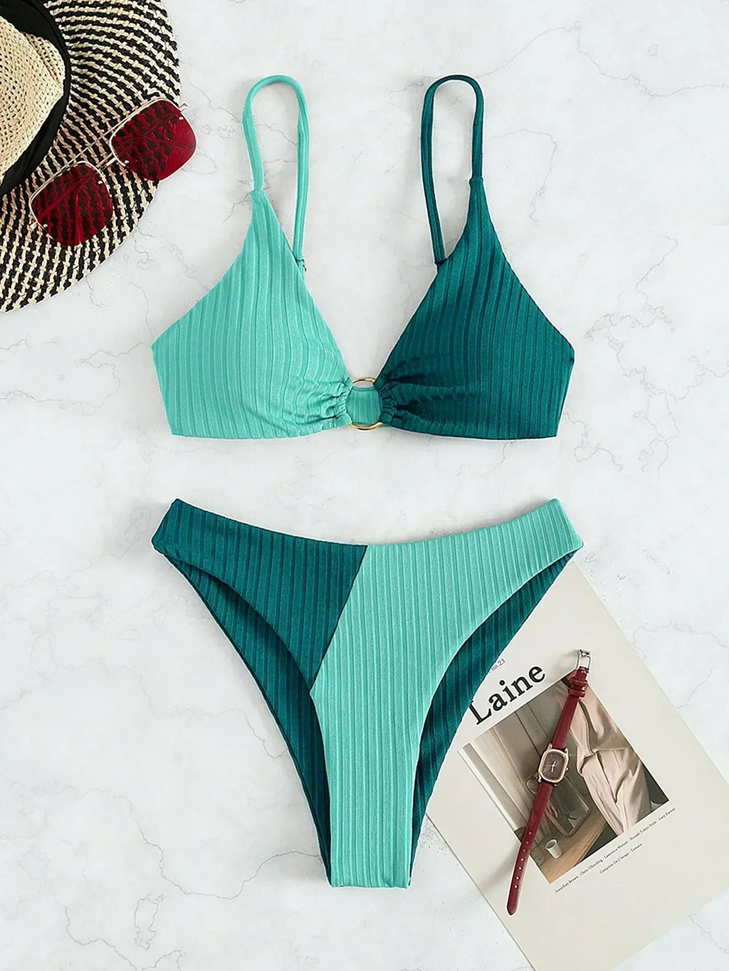 Valenzora | Zweifarbiger gerippter High-Waist Bikini für Damen