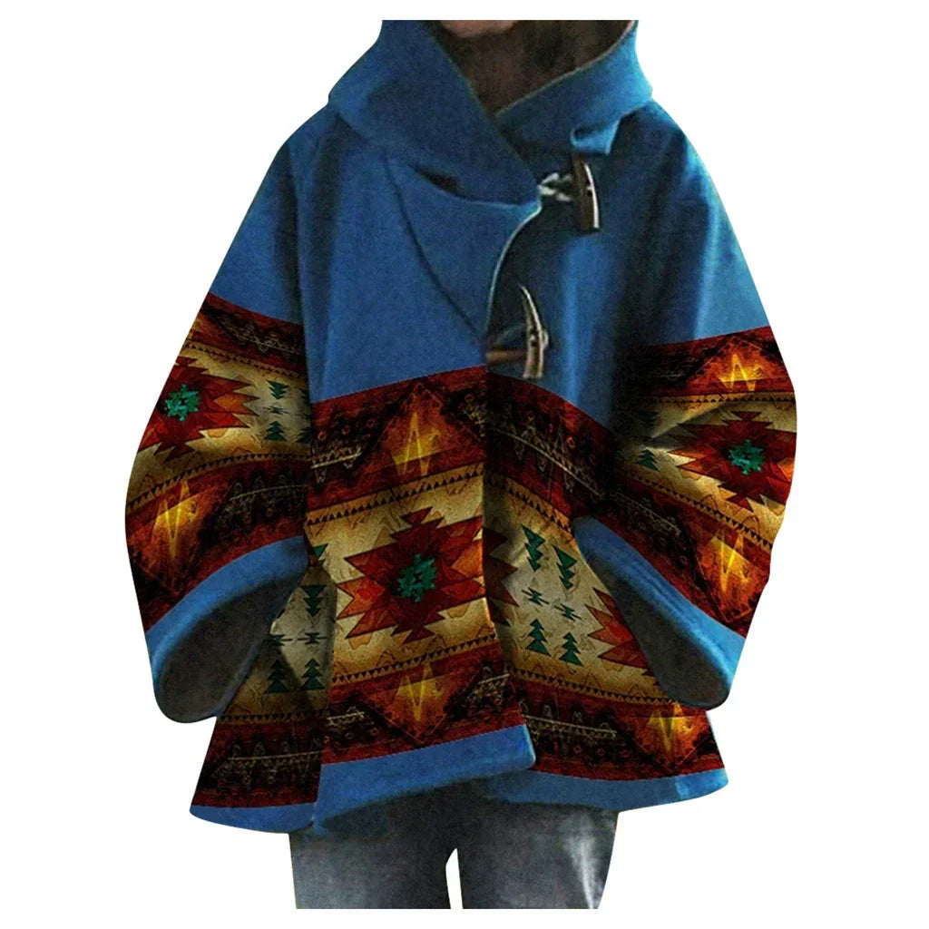 Valenzora | Women's Coats Multicolored Printed Long-Sleeved Wool Hooded Coats
