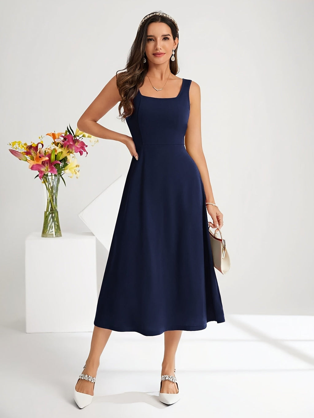 Valenzora | Elegant dress with straps, dark blue color