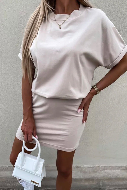 Valenzora | Rosiedress Round Neck Short Sleeve Fitted Solid Color Mini Dress