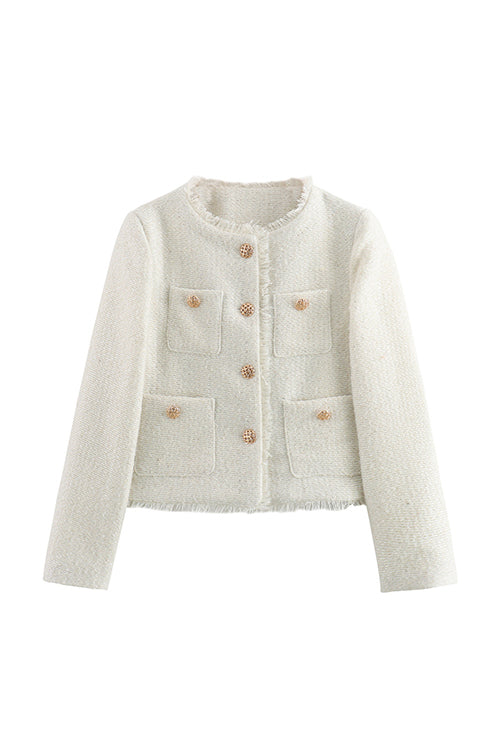 Valenzora | Rosiedress Button Up Frayed Hem Short Tweed Jacket