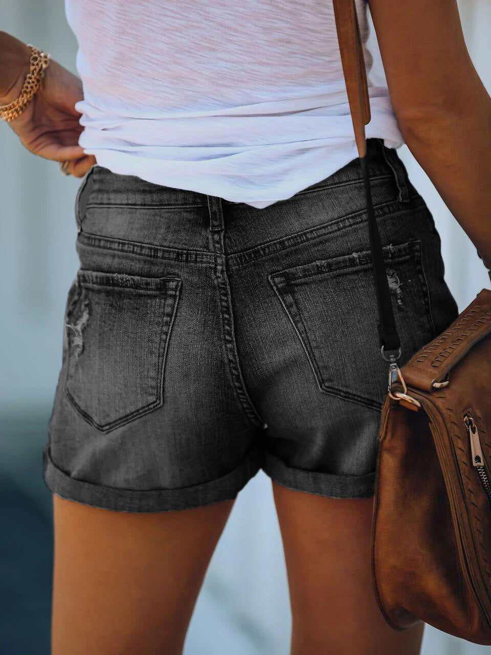 Valenzora | Damen Jeansshorts Zerrissen Gekrempelt Stretch High Waist Denim Shorts