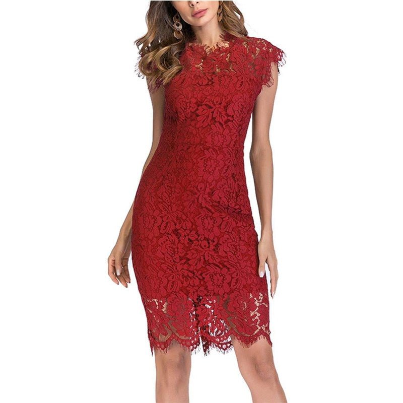 Women's sheath dress with romantic lace trim and tailored fit, size