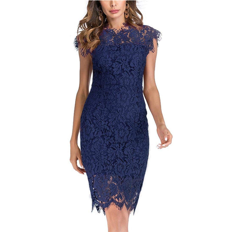 Women's sheath dress with romantic lace trim and tailored fit, size