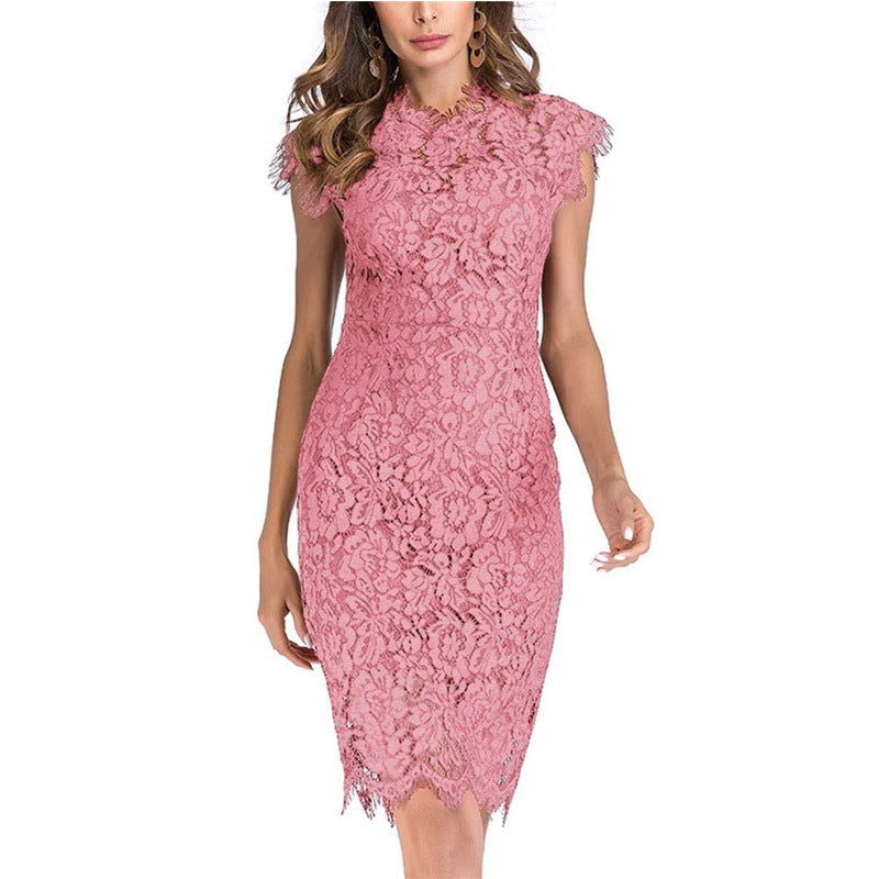 Women's sheath dress with romantic lace trim and tailored fit, size