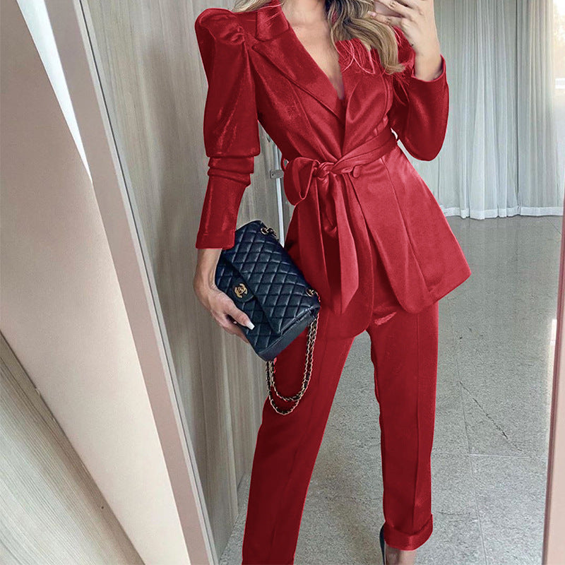 Damen-Blazer-Anzug mit voluminösen Puffärmeln und tailliertem Gürtel, Größe S