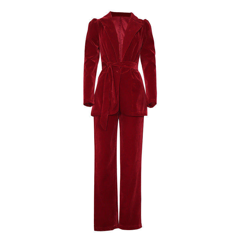 Damen-Blazer-Anzug mit voluminösen Puffärmeln und tailliertem Gürtel, Größe S