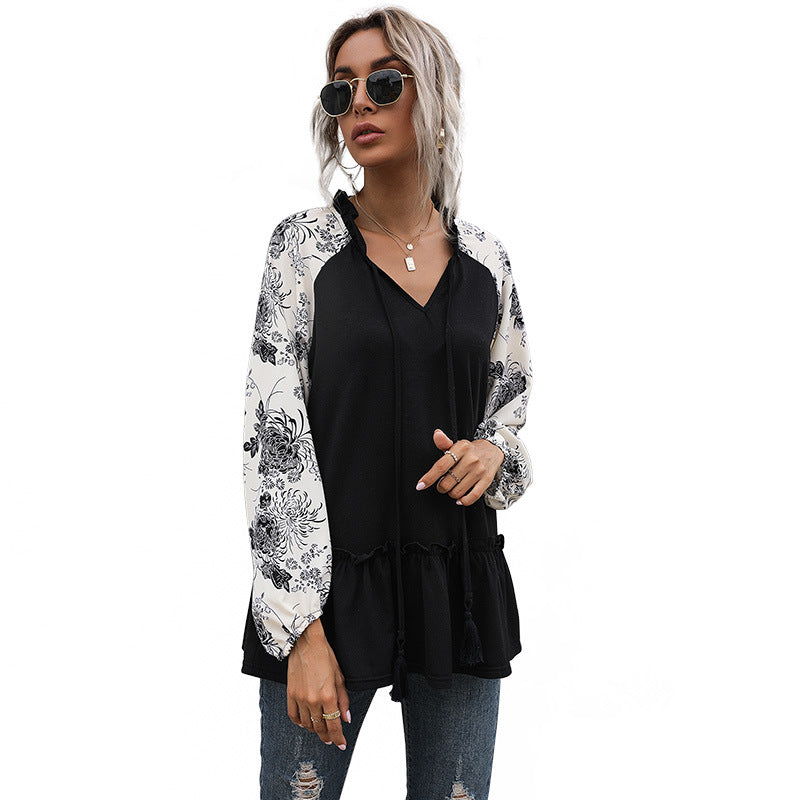 Women's hooded sweatshirt with floral design and peplum cut, size S