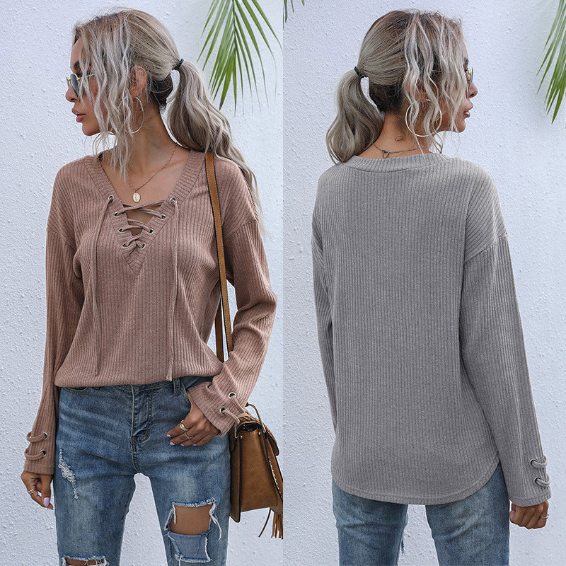 Women's casual pullover with lacing and balloon sleeves, size