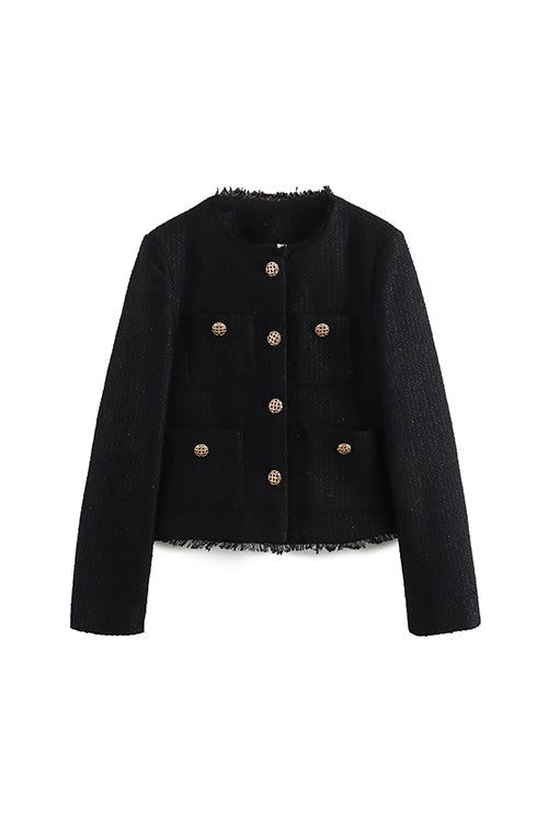 Valenzora | Rosiedress Button Up Frayed Hem Short Tweed Jacket