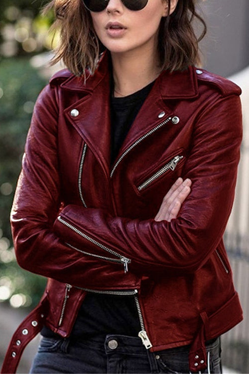 Valenzora | Rosiedress Vintage Lapel Zip Faux Leather Biker Jacket